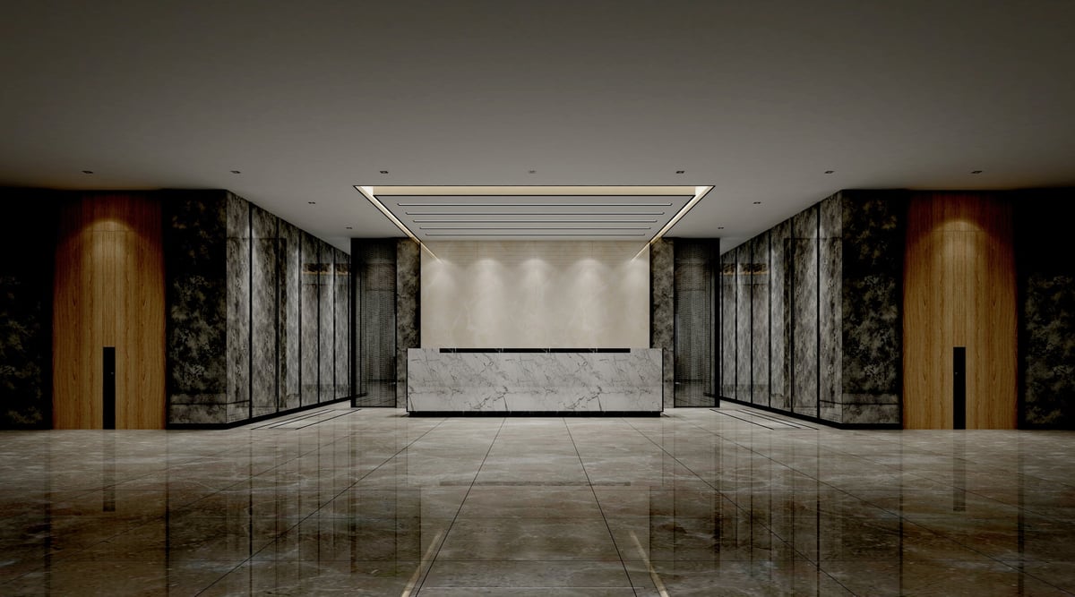 Modern hotel reception lobby with marble floors - Manhattan commercial property