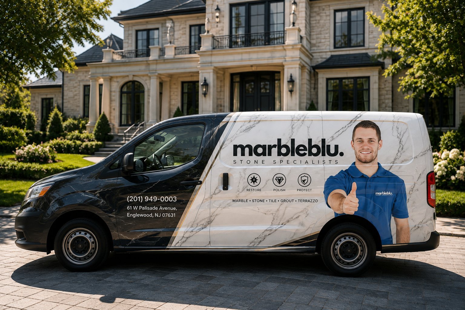 Marbleblu service van with contractor photo parked in front of luxury stone home