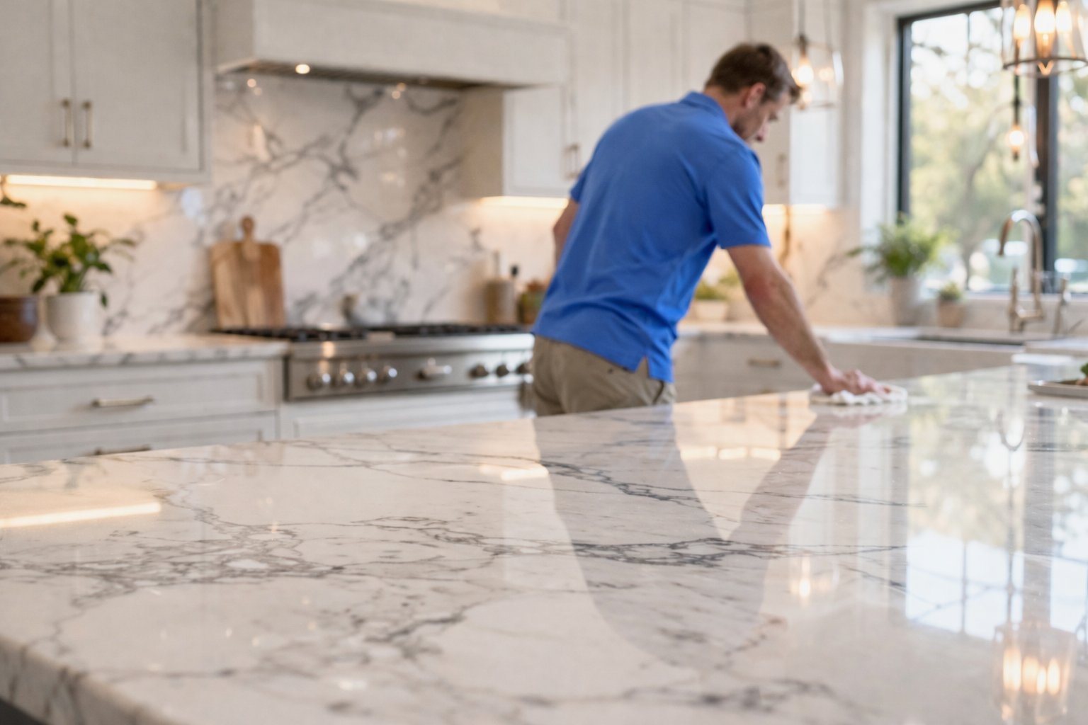 Man in blue shirt repairing marble kitchen countertop with white cabinetry and stove in background